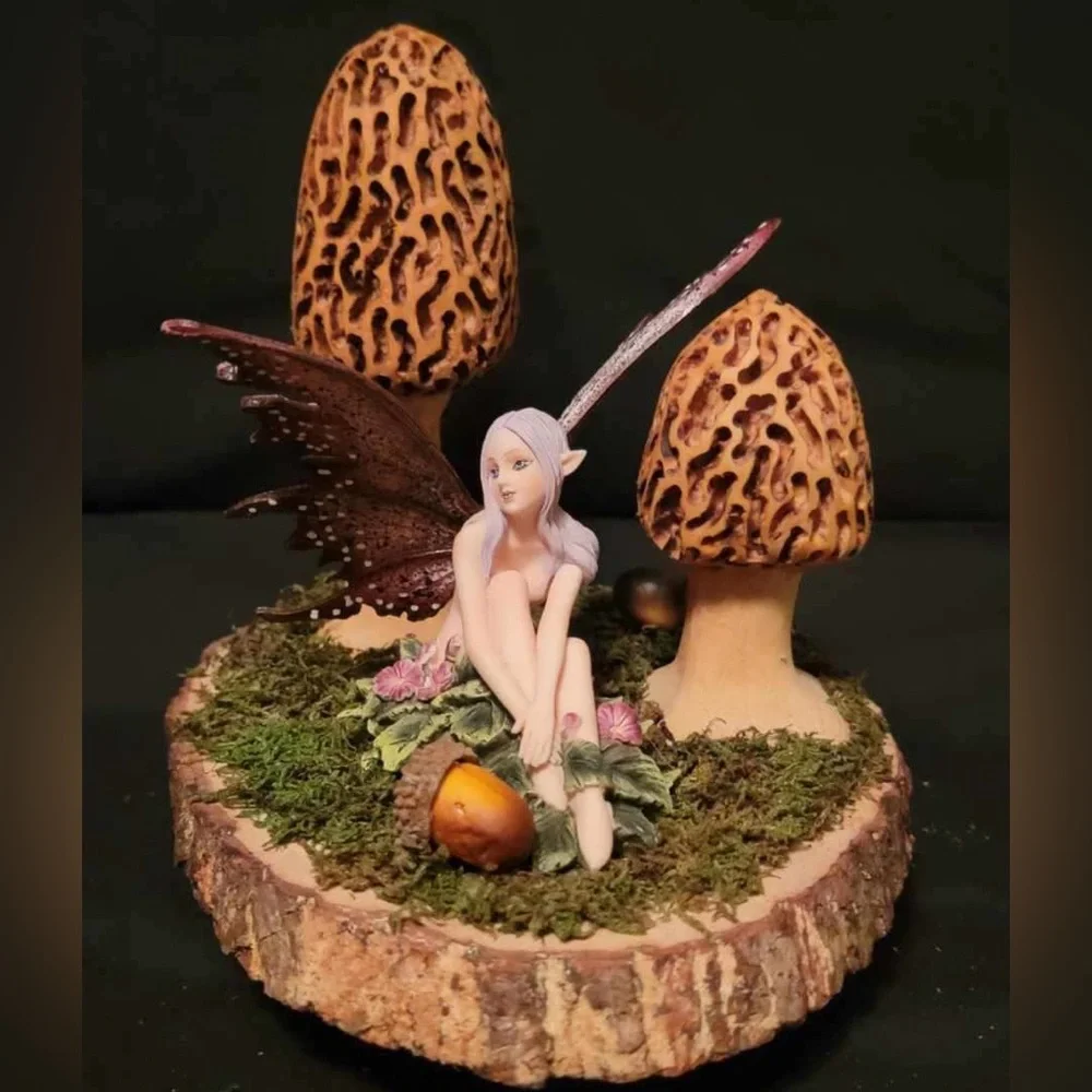Whimsical Morel Mushroom & Fairy Wood Burned Sculpture - Picture 1 of 2